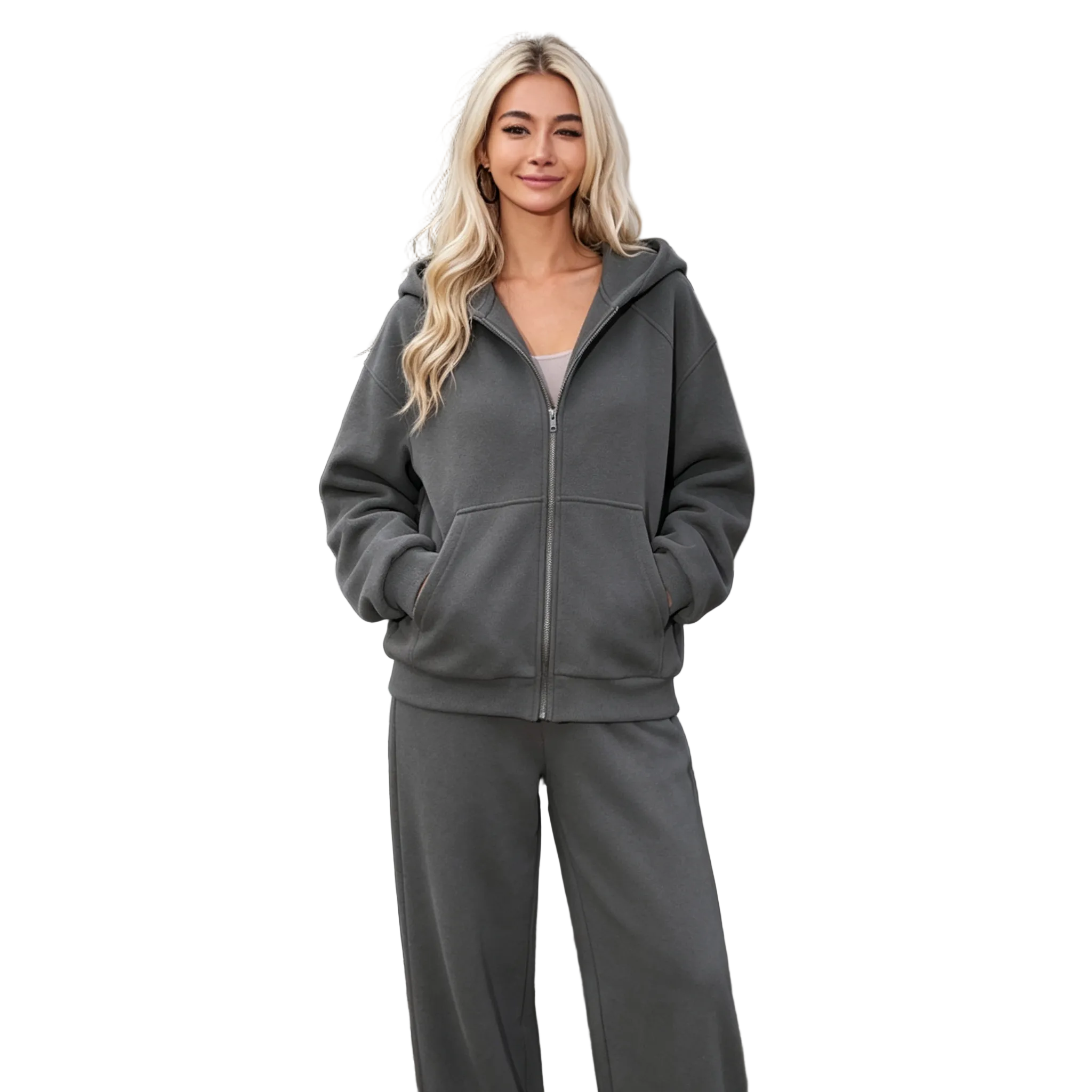 Women's 2 Piece Casual Tracksuit Set Zip Up Hooded Sweatshirt Jacket High Waist Wide Leg Sweatpants Loose Athletic Jogger Outfit Solid Color Sport Sweatsuit For Daily Wear