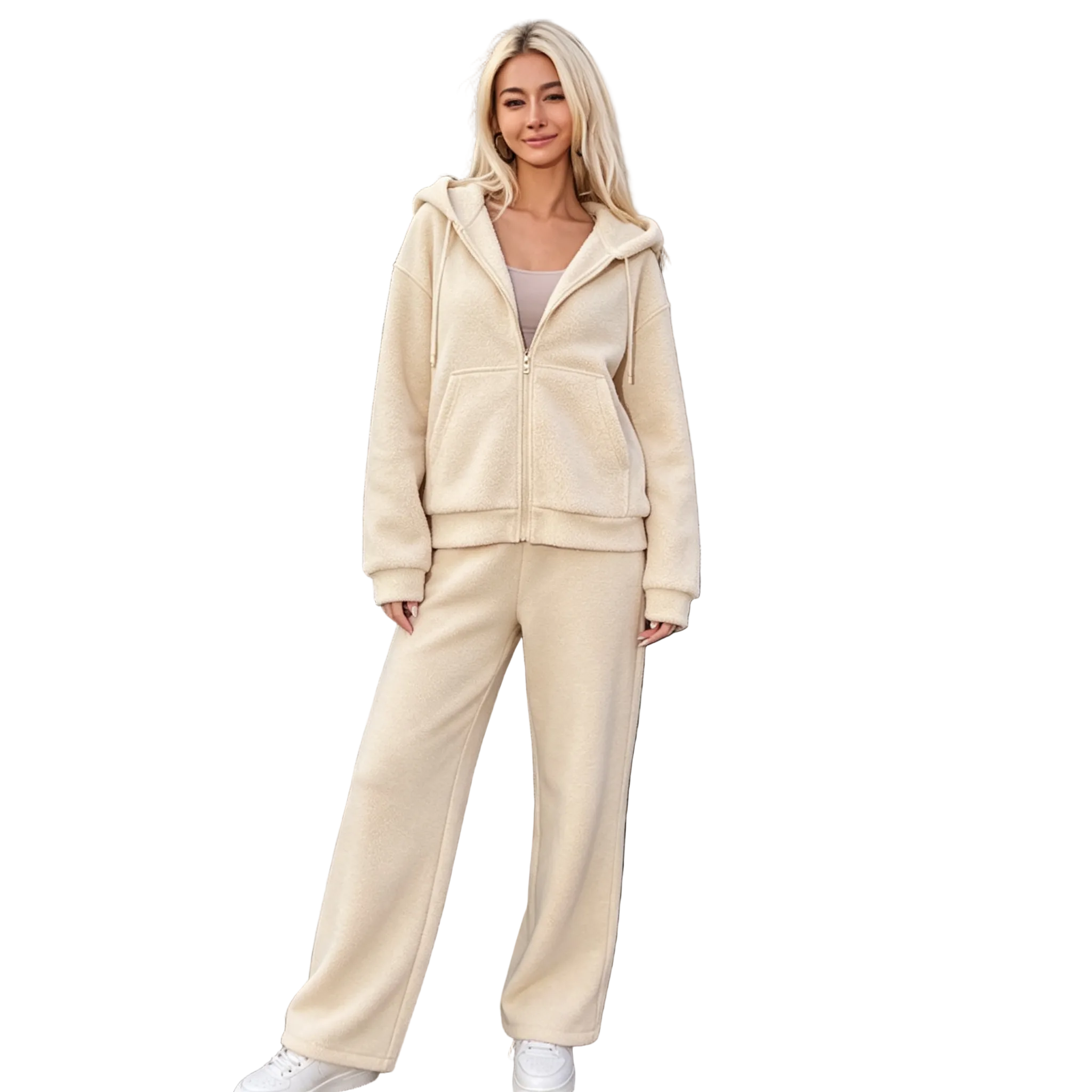 Women's 2 Piece Casual Tracksuit Set Zip Up Hooded Sweatshirt Jacket High Waist Wide Leg Sweatpants Loose Athletic Jogger Outfit Solid Color Sport Sweatsuit For Daily Wear