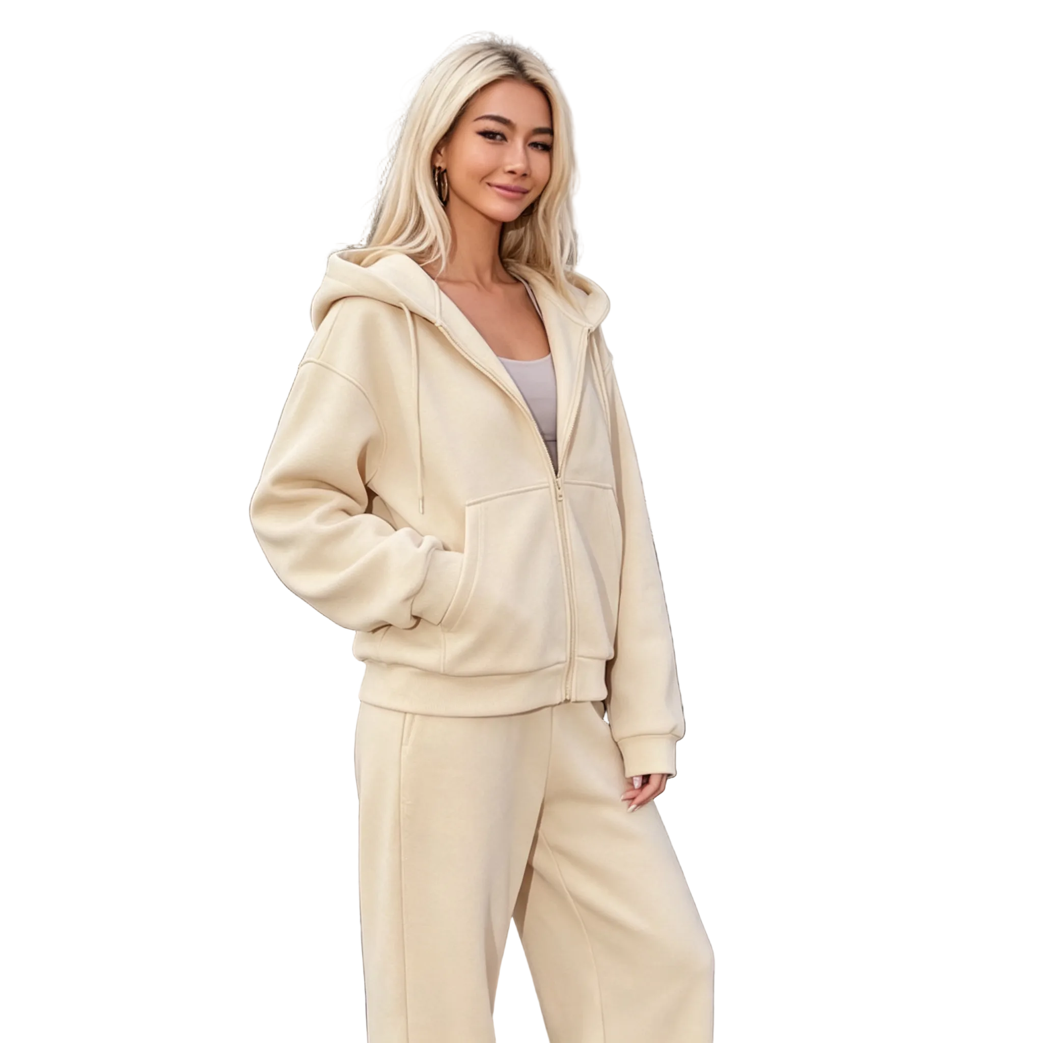 Women's 2 Piece Casual Tracksuit Set Zip Up Hooded Sweatshirt Jacket High Waist Wide Leg Sweatpants Loose Athletic Jogger Outfit Solid Color Sport Sweatsuit For Daily Wear