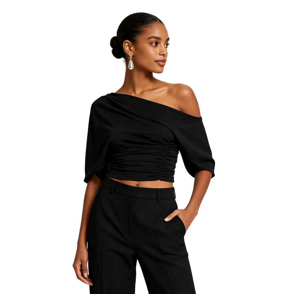 Asymmetric Off Shoulder Crop Top Women Draped Batwing Short Sleeve Ruched Waist Slim T-shirt