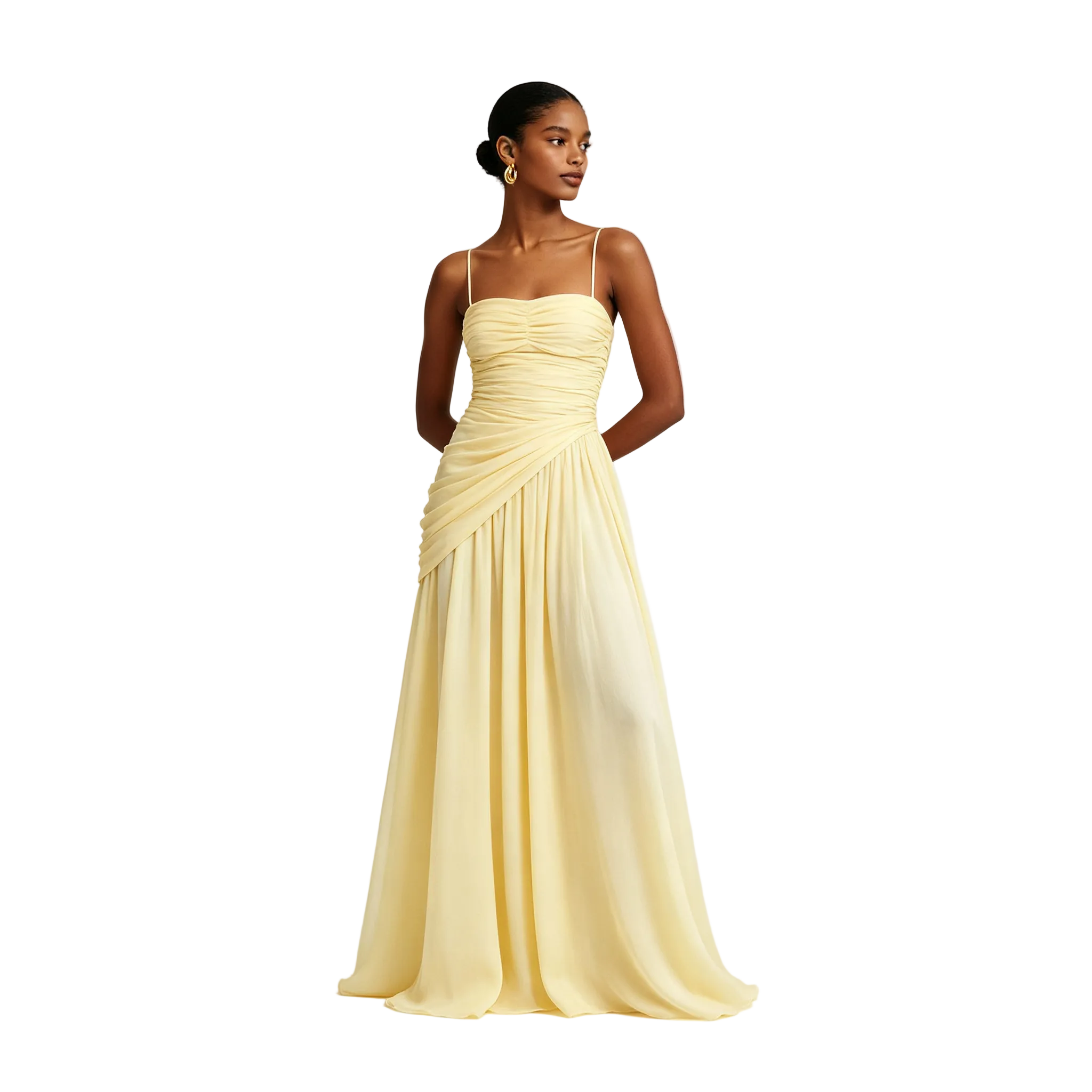 Yellow Ruched Bust Draped Waist Maxi Dress Sleeveless Backless Elegant Evening Party Long Dress for Women